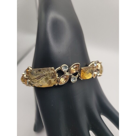 Napier Jewelry - Napier Bracelet Gold Tone Amber Glass Rhinestone Link Statement Vintage Style
